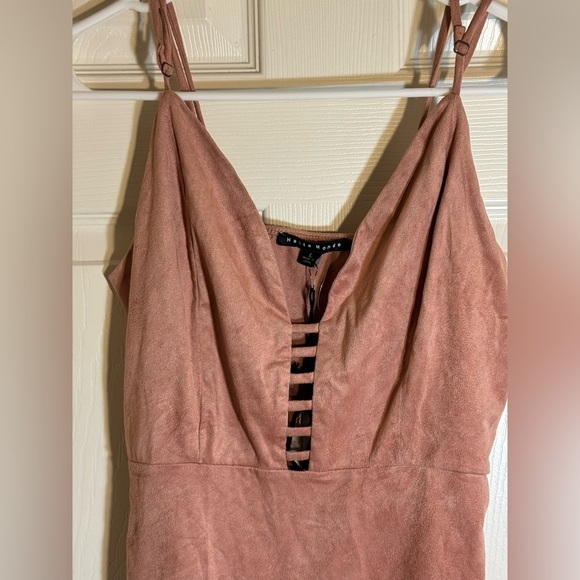 Haute Monde Ladder Cut Out Spaghetti Strap Bodysuit in Pink suede microfiber - Picture 3 of 11